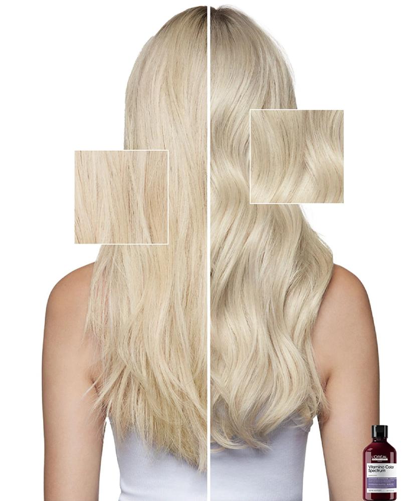 Porovnanie blond vlasov pred a po použití L'Oréal fialového šampónu na neutralizáciu žltých tónov